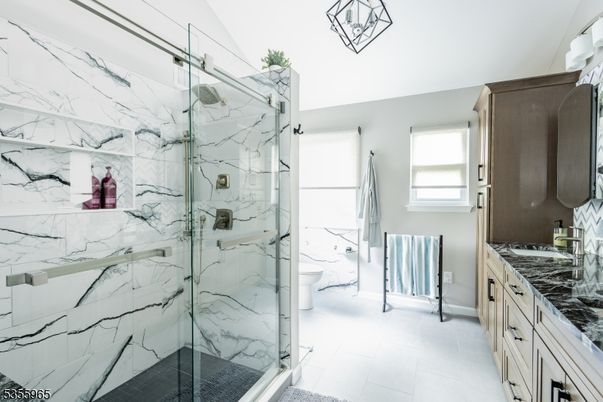 Bathroom, Glass Shower, Interior, Marble Walls, Pendant Lights