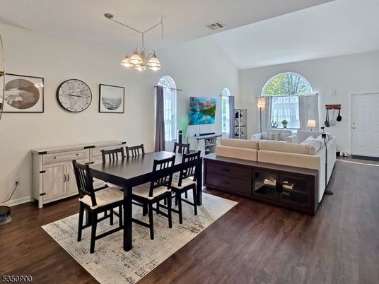 Dining room, Interior, Living room, Pendant Lights, Wood Texture Flooring