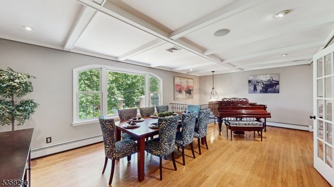 Dining room, Interior, Piano, Recessed Lighting, Wood Texture Flooring