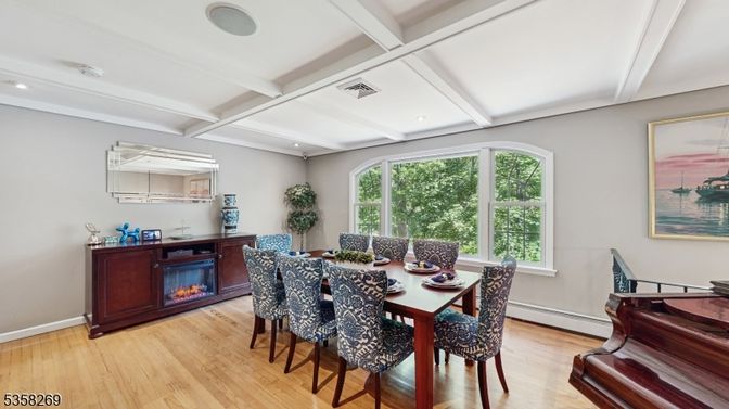 Dining room, Fireplace, Interior, Recessed Lighting, Wood Texture Flooring