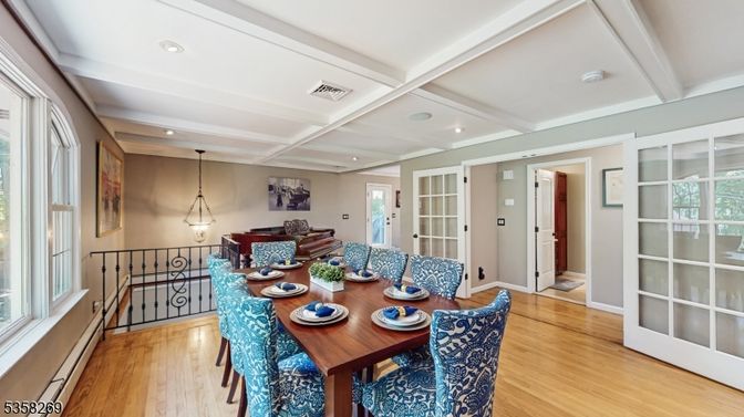 Dining room, Interior, Pendant Lights, Recessed Lighting, Wood Texture Flooring