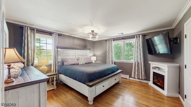 Bedroom, Fireplace, Interior, Wood Texture Flooring
