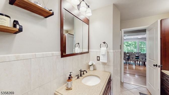Bathroom, Dining room, Dual Sink Vanities, Interior, Wood Texture Flooring