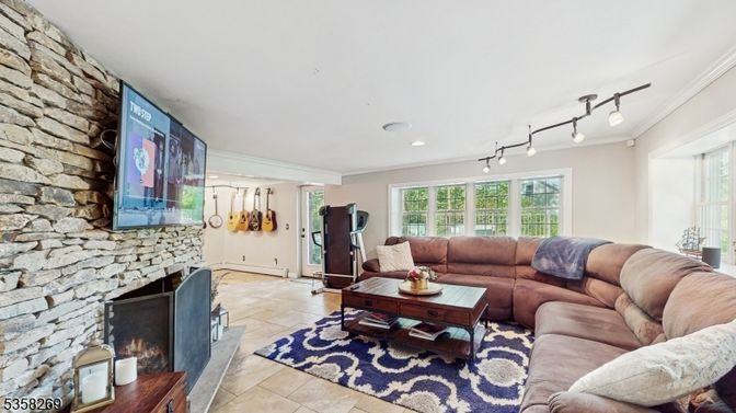Fireplace, Interior, Living room, Recessed Lighting, Stone Walls