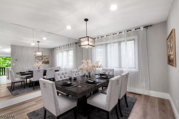Dining room, Interior, Pendant Lights, Recessed Lighting, Wood Texture Flooring