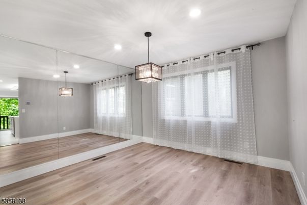 Empty room, Interior, Pendant Lights, Recessed Lighting, Wood Texture Flooring