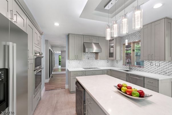 Interior, Kitchen, Pendant Lights, Recessed Lighting, Stainless Steel Appliances, Wood Texture Flooring