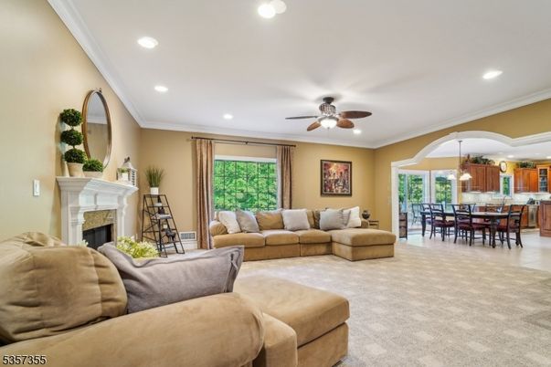 Dining room, Fireplace, Interior, Kitchen, Living room, Pendant Lights, Recessed Lighting
