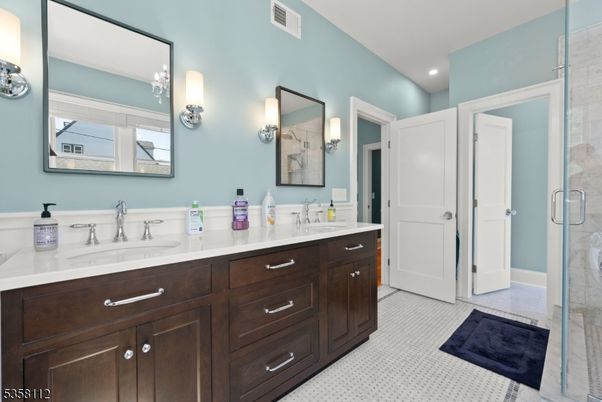 Bathroom, Dual Sink Vanities, Glass Shower, Interior, Recessed Lighting