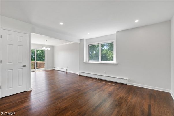 Chandelier, Empty room, Interior, Recessed Lighting, Wood Texture Flooring
