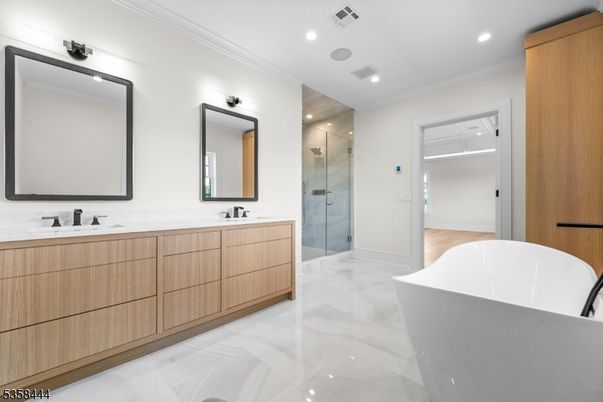 Bathroom, Dual Sink Vanities, Free Standing Baths, Glass Shower, Interior, Marble, Recessed Lighting