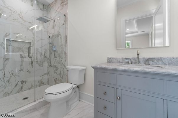 Bathroom, Glass Shower, Interior, Marble, Marble Walls, Recessed Lighting