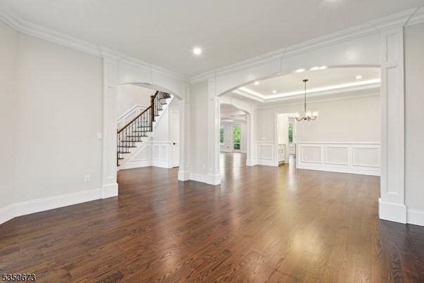 Chandelier, Empty room, Interior, Recessed Lighting, Wood Texture Flooring