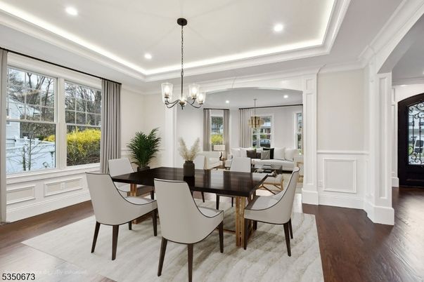 Chandelier, Dining room, Interior, Living room, Pendant Lights, Recessed Lighting, Wood Texture Flooring