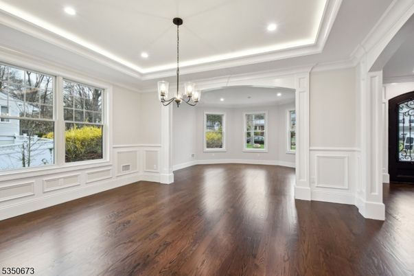 Chandelier, Empty room, Interior, Recessed Lighting, Wood Texture Flooring