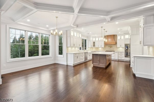 Chandelier, Interior, Kitchen, Pendant Lights, Recessed Lighting, Stainless Steel Appliances, Wood Texture Flooring