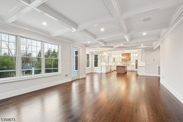 Empty room, Interior, Kitchen, Pendant Lights, Recessed Lighting, Wood Texture Flooring