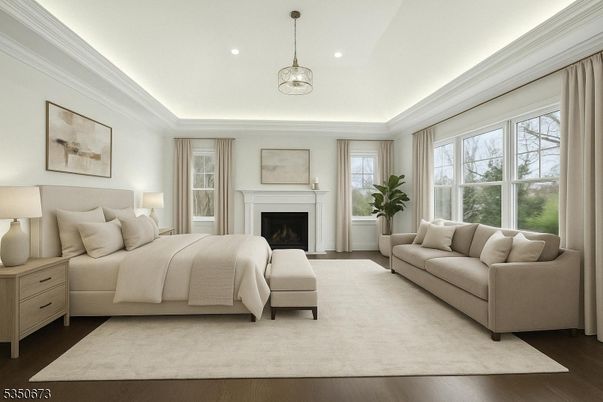 Bedroom, Fireplace, Interior, Pendant Lights, Recessed Lighting, Wood Texture Flooring