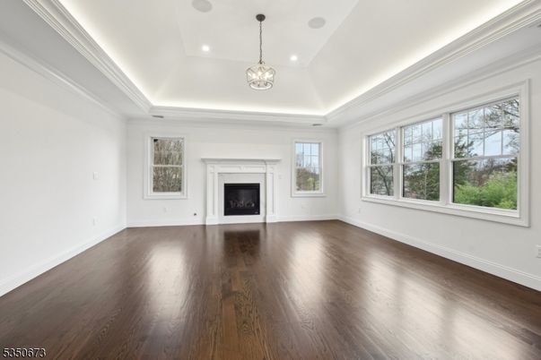 Empty room, Fireplace, Interior, Pendant Lights, Recessed Lighting, Wood Texture Flooring