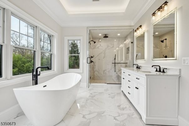 Bathroom, Dual Sink Vanities, Free Standing Baths, Glass Shower, Interior, Marble, Marble Walls, Recessed Lighting