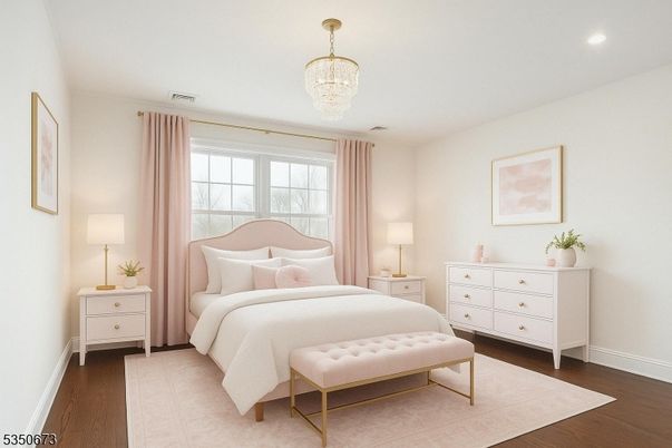 Bedroom, Chandelier, Interior, Recessed Lighting, Wood Texture Flooring