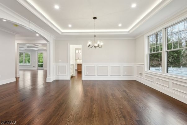 Chandelier, Empty room, Interior, Recessed Lighting, Wood Texture Flooring