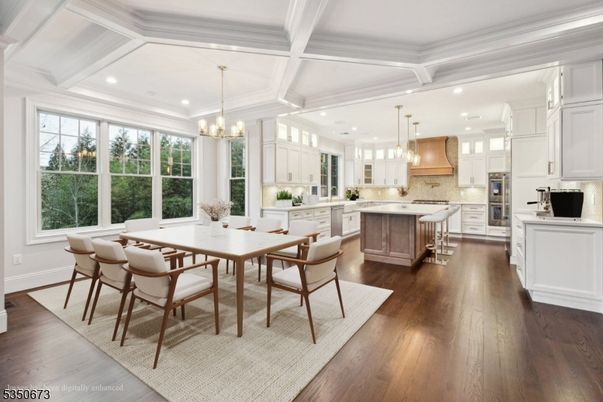 Chandelier, Dining room, Interior, Kitchen, Pendant Lights, Recessed Lighting, Stainless Steel Appliances, Wood Texture Flooring