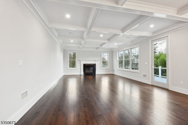 Empty room, Fireplace, Interior, Recessed Lighting, Wood Texture Flooring