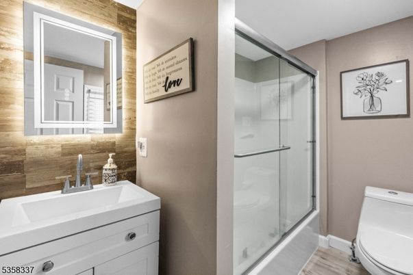 Bathroom, Glass Shower, Interior, Wood Texture Flooring