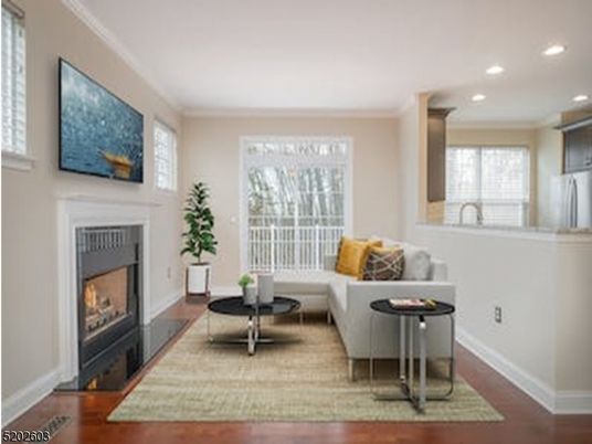Fireplace, Interior, Living room, Recessed Lighting, Wood Texture Flooring