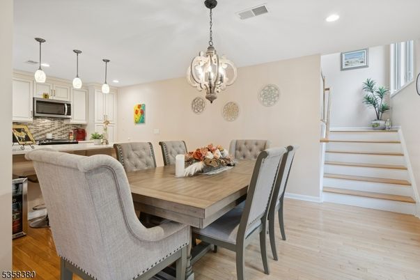 Dining room, Interior, Kitchen, Pendant Lights, Recessed Lighting, Wood Texture Flooring