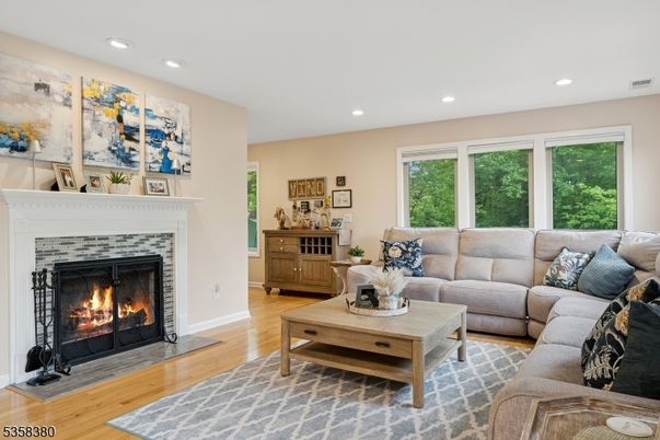 Fireplace, Interior, Living room, Recessed Lighting, Wood Texture Flooring