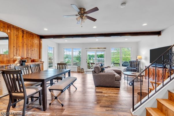 Dining room, Interior, Living room, Recessed Lighting, Wood Texture Flooring, Wooden Walls