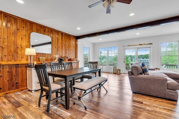 Dining room, Interior, Living room, Recessed Lighting, Wood Texture Flooring, Wooden Walls