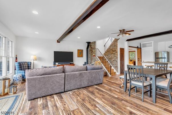 Dining room, Interior, Living room, Recessed Lighting, Stone Walls, Wooden Beams, Wood Texture Flooring