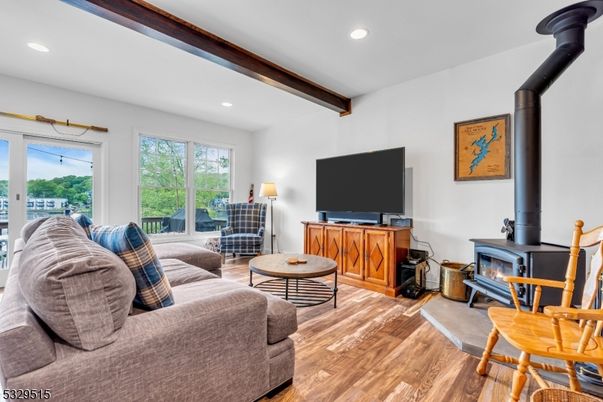 Fireplace, Interior, Living room, Recessed Lighting, Wooden Beams, Wood Texture Flooring