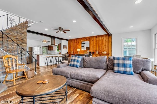 Interior, Kitchen, Living room, Recessed Lighting, Stone Walls, Wood Texture Flooring, Wooden Walls