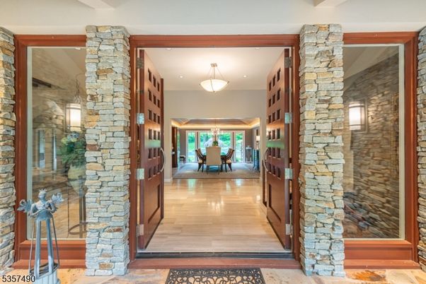 Dining room, Interior, Pendant Lights, Stone Walls, Wood Texture Flooring