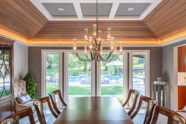Chandelier, Dining room, Interior, Wooden Ceilings