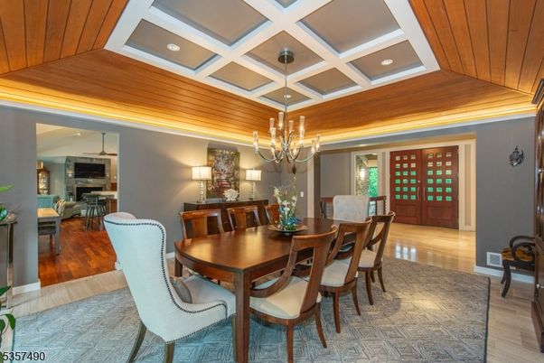 Chandelier, Dining room, Interior, Recessed Lighting, Wooden Ceilings, Wood Texture Flooring