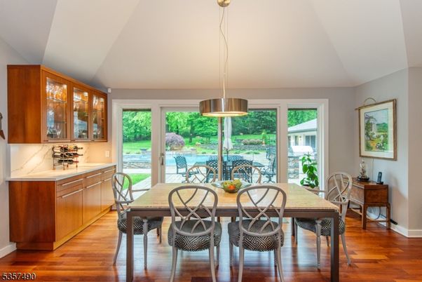 Dining room, Interior, Pendant Lights, Wood Texture Flooring