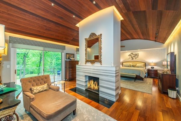 Bedroom, Fireplace, Interior, Recessed Lighting, Wooden Ceilings, Wood Texture Flooring