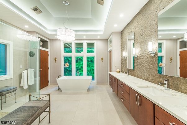 Bathroom, Chandelier, Dual Sink Vanities, Free Standing Baths, Glass Shower, Interior, Marble, Recessed Lighting