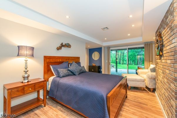 Bedroom, Interior, Recessed Lighting, Stone Walls, Wood Texture Flooring