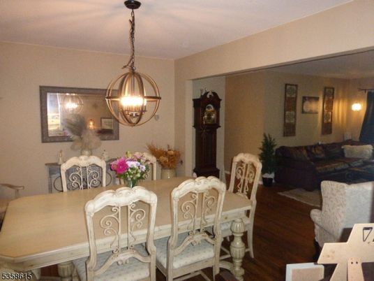 Dining room, Interior, Living room, Pendant Lights, Wood Texture Flooring