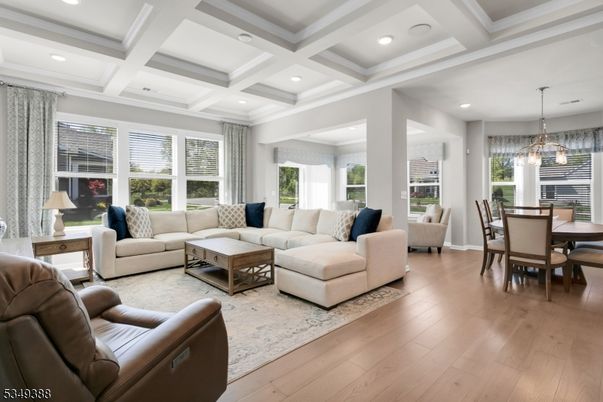 Dining room, Interior, Living room, Pendant Lights, Recessed Lighting, Wood Texture Flooring