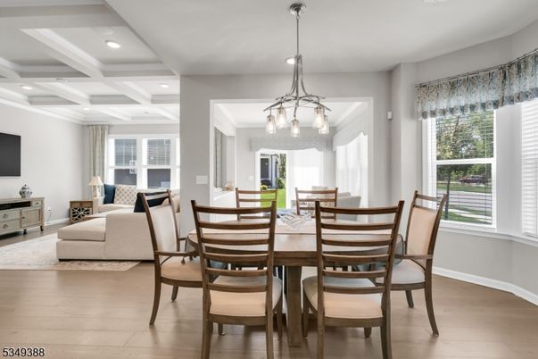 Dining room, Interior, Living room, Pendant Lights, Recessed Lighting, Wood Texture Flooring