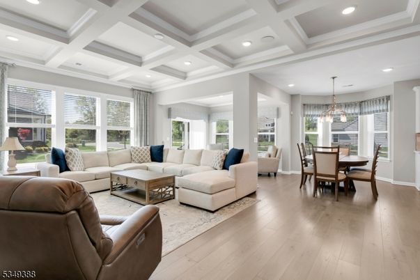 Dining room, Interior, Living room, Pendant Lights, Recessed Lighting, Wood Texture Flooring
