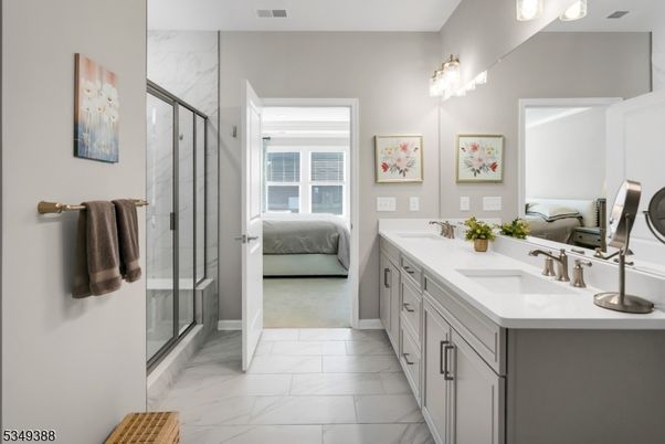 Bathroom, Bedroom, Dual Sink Vanities, Glass Shower, Interior, Marble, Marble Walls