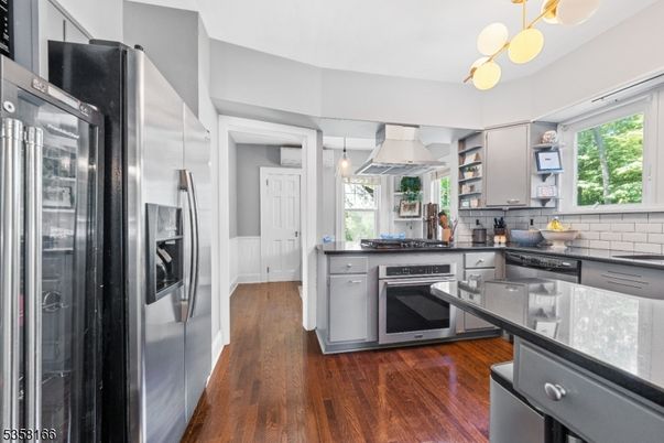 Interior, Kitchen, Pendant Lights, Stainless Steel Appliances, Wood Texture Flooring